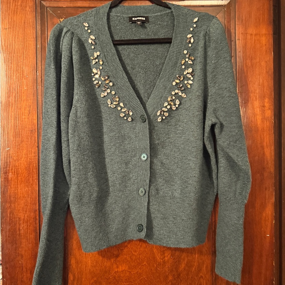 Express Teal Button-Up Cardigan with Embellishments